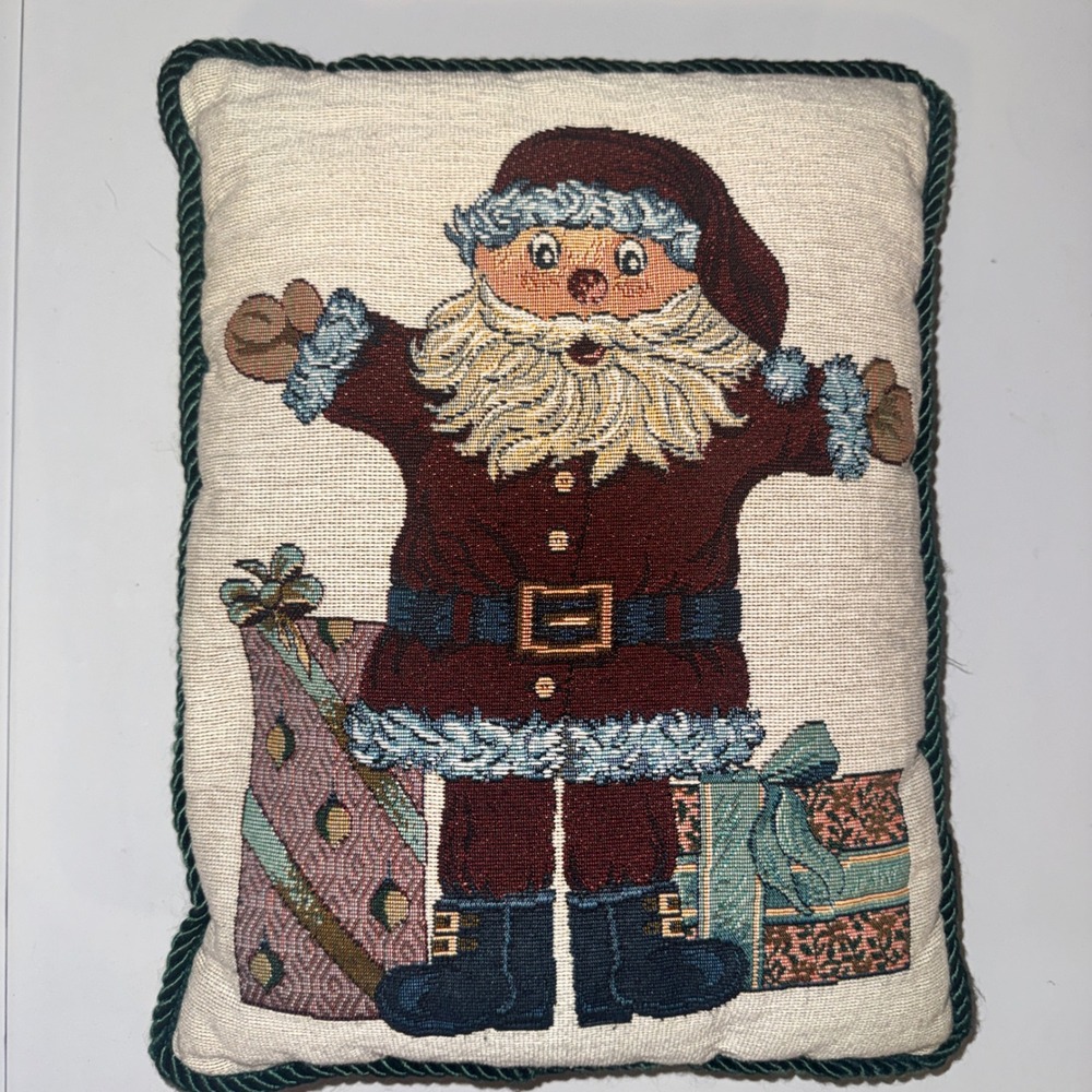 David Carter Brown Deck the Halls Santa Tapestry Throw Pillow Red Green 12x9